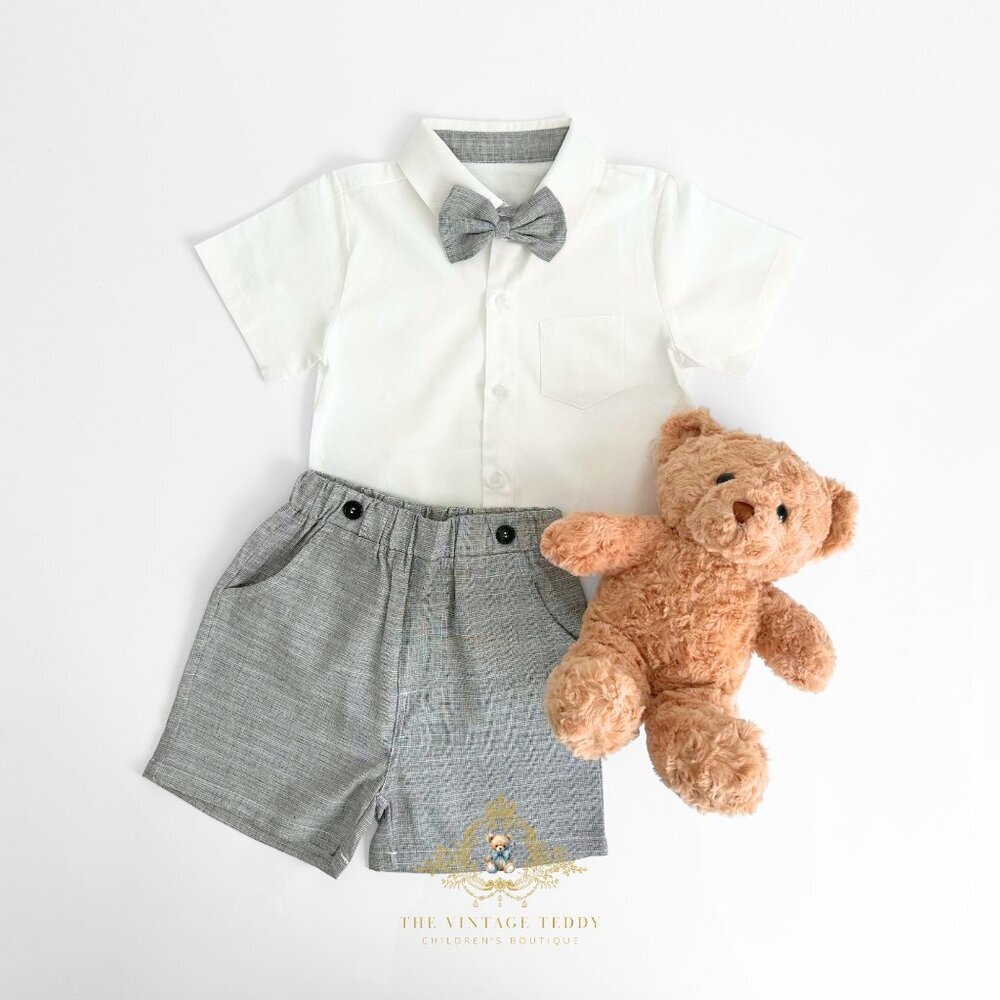 NWT Handsome Boys Oxford Button Down Shirt Shorts & Bow Tie Matching Set 3T - Picture 3 of 3